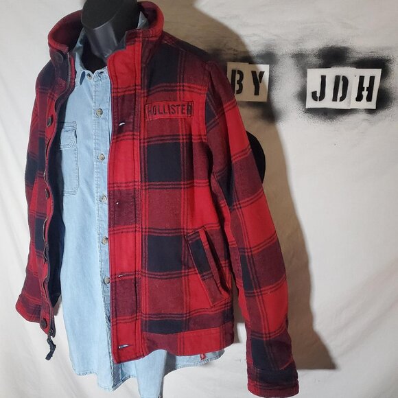 HOLLISTER black and red plaid coat Mens sz L - shipping incl - Picture 1 of 16